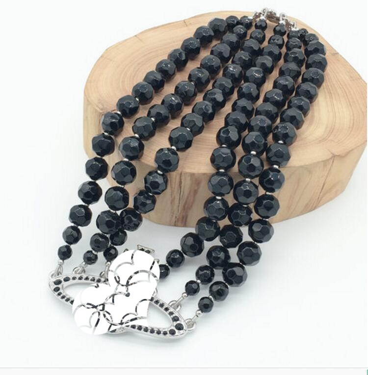 

2020 new arrivals European and American fashion hot style punk style 3-layer prismatic black bead silver rim diamond satellite necklace for