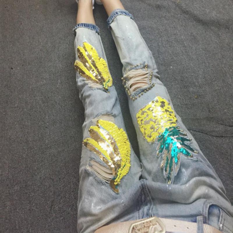 

2020 Spring New Women's Pineapple Sequins Embroidered Flowers Mid Waist Beading Hole Ripped Jeans Denim Pants, Light blue