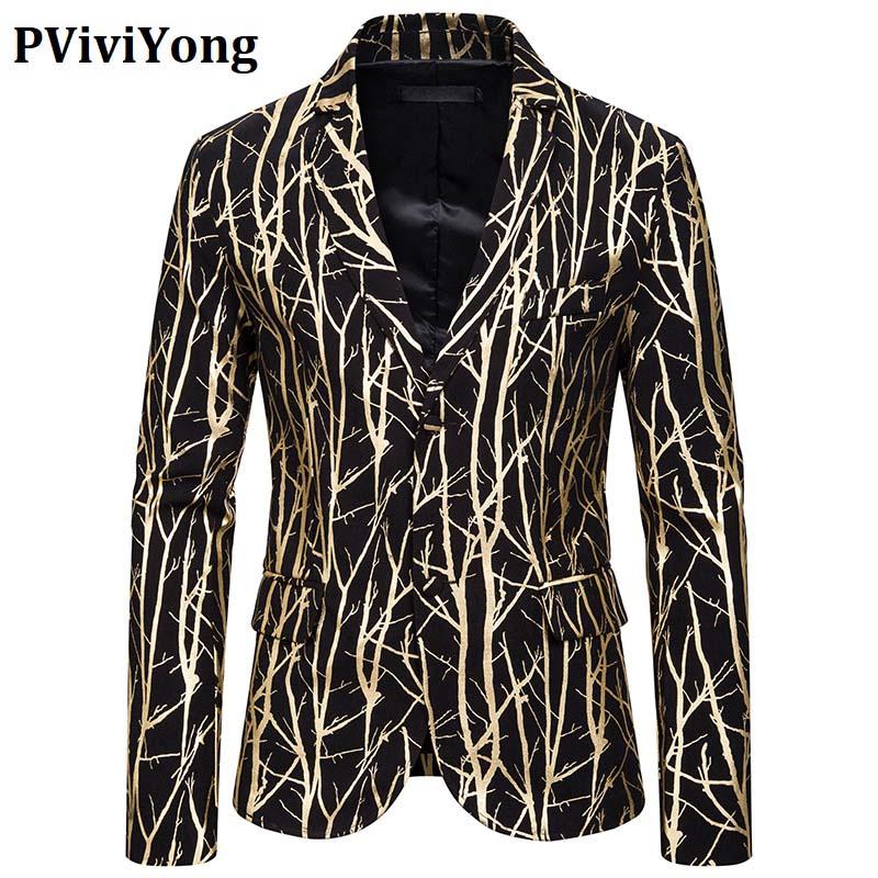 

PViviYong 2020 high quality suits blazer men slim fit tree branches printing suit jacket men European size X128, Gold