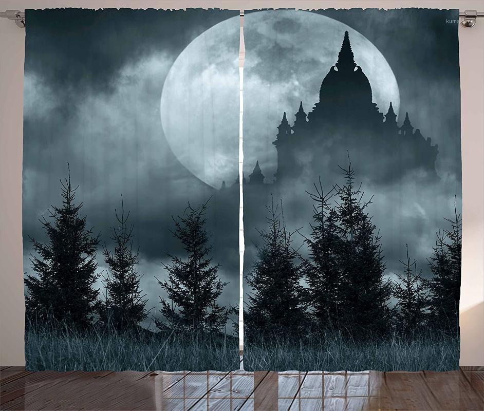 

Halloween Curtains Magic Castle Silhouette Over Full Moon Night Fantasy Landscape Scary Forest Living Room Bedroom Window Drapes1, As pic
