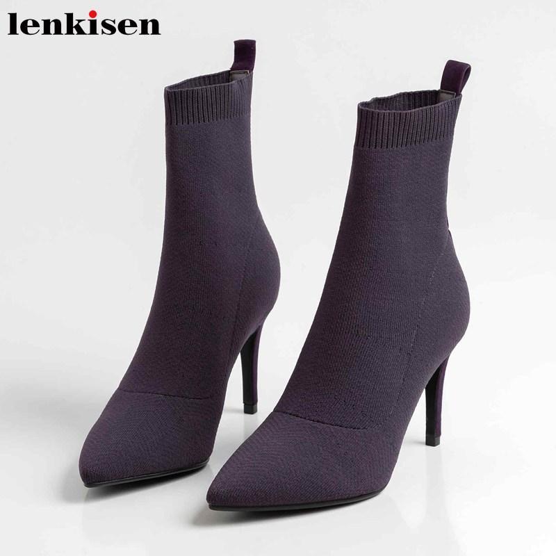 

Lenkisen new fashion popular knitting stretch boots pointed toe stiletto high heels simple style winter women mid-calf boots L311, Black