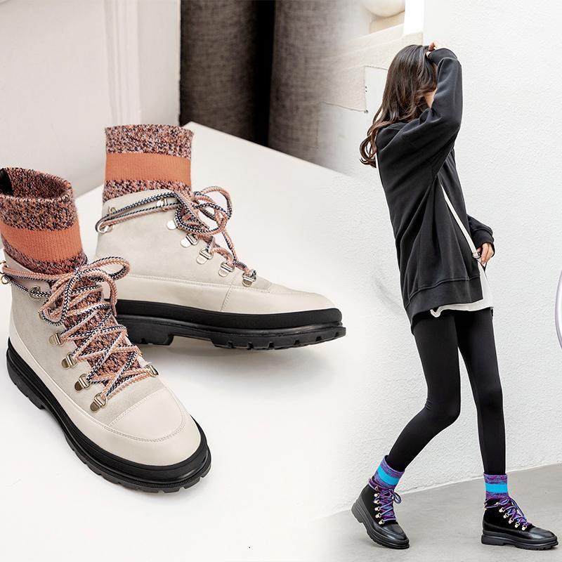 

women's boots natural leather + Knitted fabric Cowhide+suede upper short boots woman winter shoes Colorful knitted Sock1, Beige