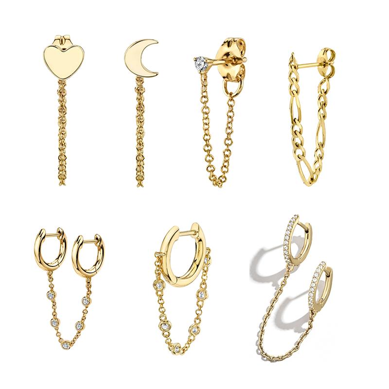 

1pcs Ear Piercing Gold Moon Heart Long Chain Stud Earrings For Women Fashion CZ Tassel Double Circle Huggies Jewelry 2020