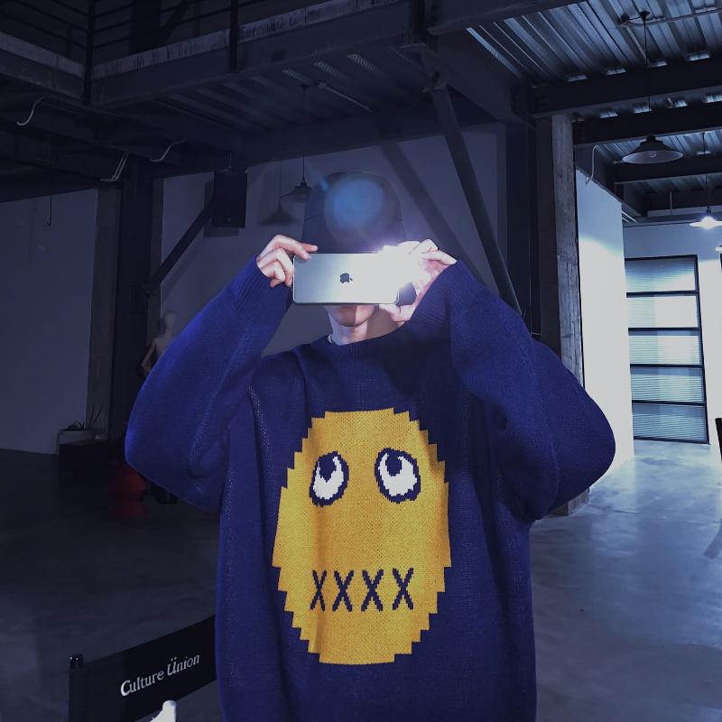 

Sweater Men Harajuku Streetwear Gengar Hip Hop Cartoon Pullover O-neck Oversize Fashion Casual Couple Male Sweaters, Blue
