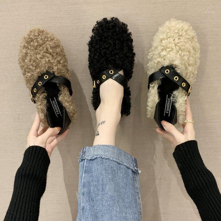 

Slippers Casual Shoes Beige Heeled Sandals Flock Fur Flip Flops Slipers Women Shallow Luxury Black Flat Plush 2020 Soft Solid1