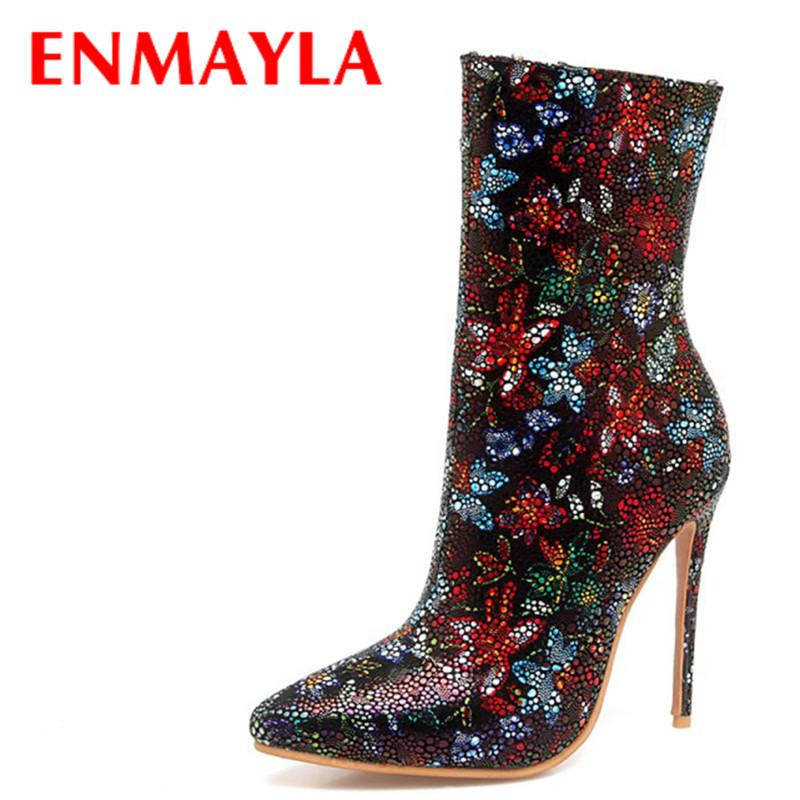 

ENMAYLA Women Colorful Bling Stiletto Heels Party Shoes Woman Ankle Boots Ladies Pointed Toe Black Red Gray Wedding Shoes Boots