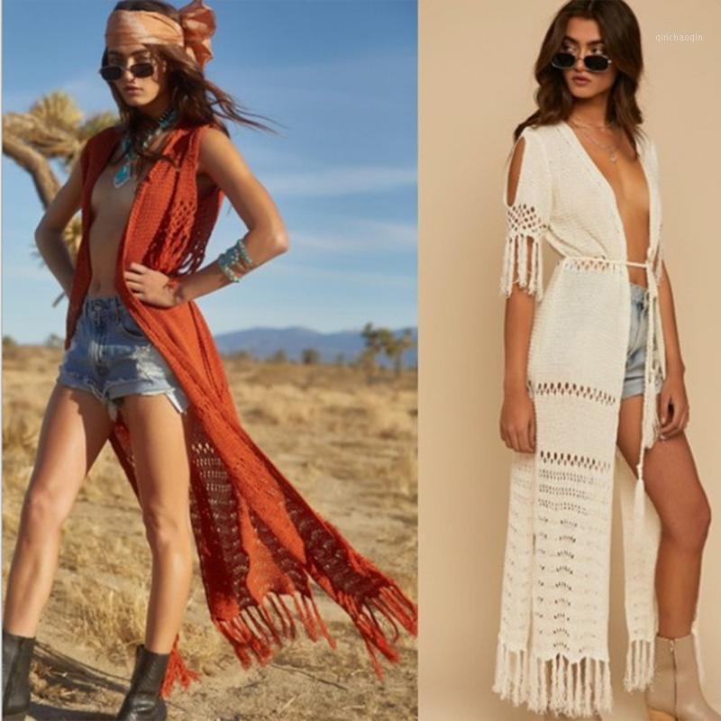 

Crochet Tassel Cover Up Beach Hollow Out Kimono Long Dress Women Knitting Bathing Suit Coverups Open Front Beachwear1
