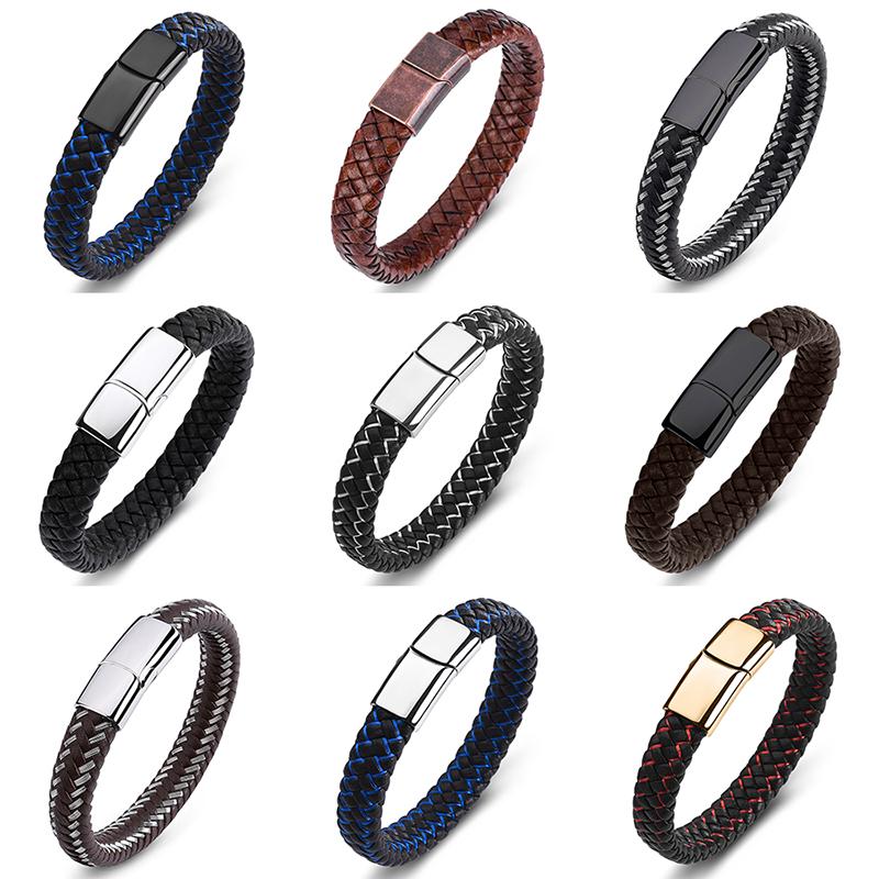 

Bracelet Men Fashion Jewelry Braided Leather Handmade Trendy Stainless Steel Clasp Punk Male Wrist Band