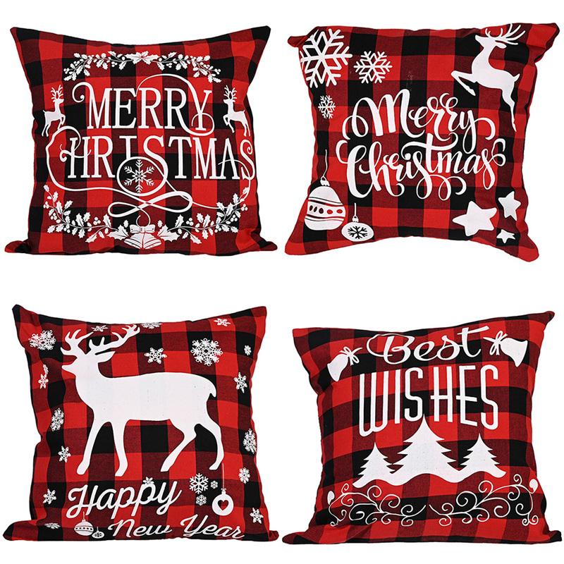

Christmas Decorative Pillowcases Pillow Covers Red Plaid Letter Print Decorative Throw Cushion Covers for Sofa Couch Bed Pillow Case