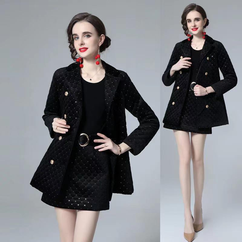 

Women' Wool Two piece 2022 winter tweed suit celebrity suit collar woolen coat with short skirt ol, Customize