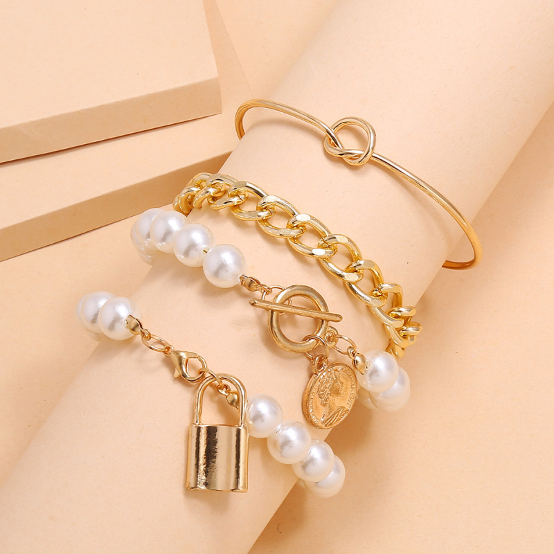 

New Fashion White Pearl Bead Strands Gold Plated Alloy Chain Bracelet 4PCS/Set