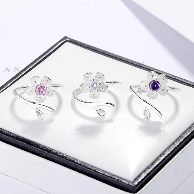 

Cherry Blossom Cute Simple Flower 925 Sterling Silver Temperament Personality Female Resizable Opening Rings SRI2261