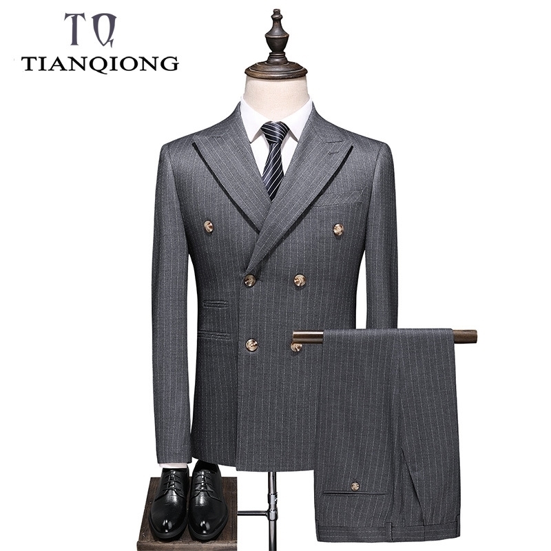 

Double Breasted Striped Suit Gary Wedding Suits for Men 3 Pieces Terno Masculino Slim Fit Costume Homme Mariage Business Wear 201123, 6036