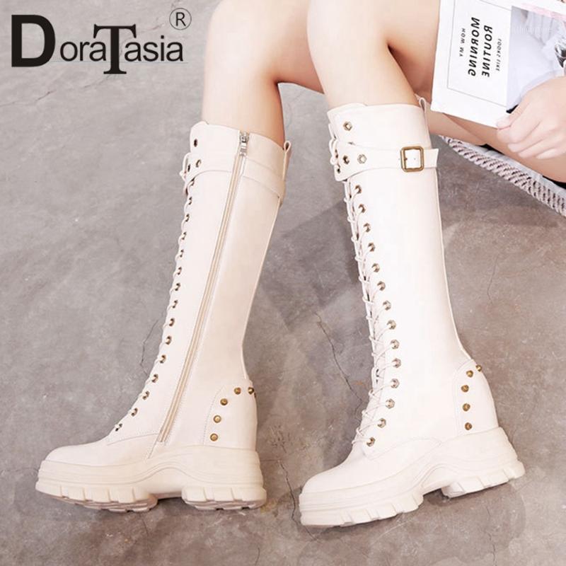 

DORATASIA New Female Platform Mid Calf Boots Fashion Zipper Rivet Boots Women 2020 Height Increasing High Heels Shoes Woman1, Beige