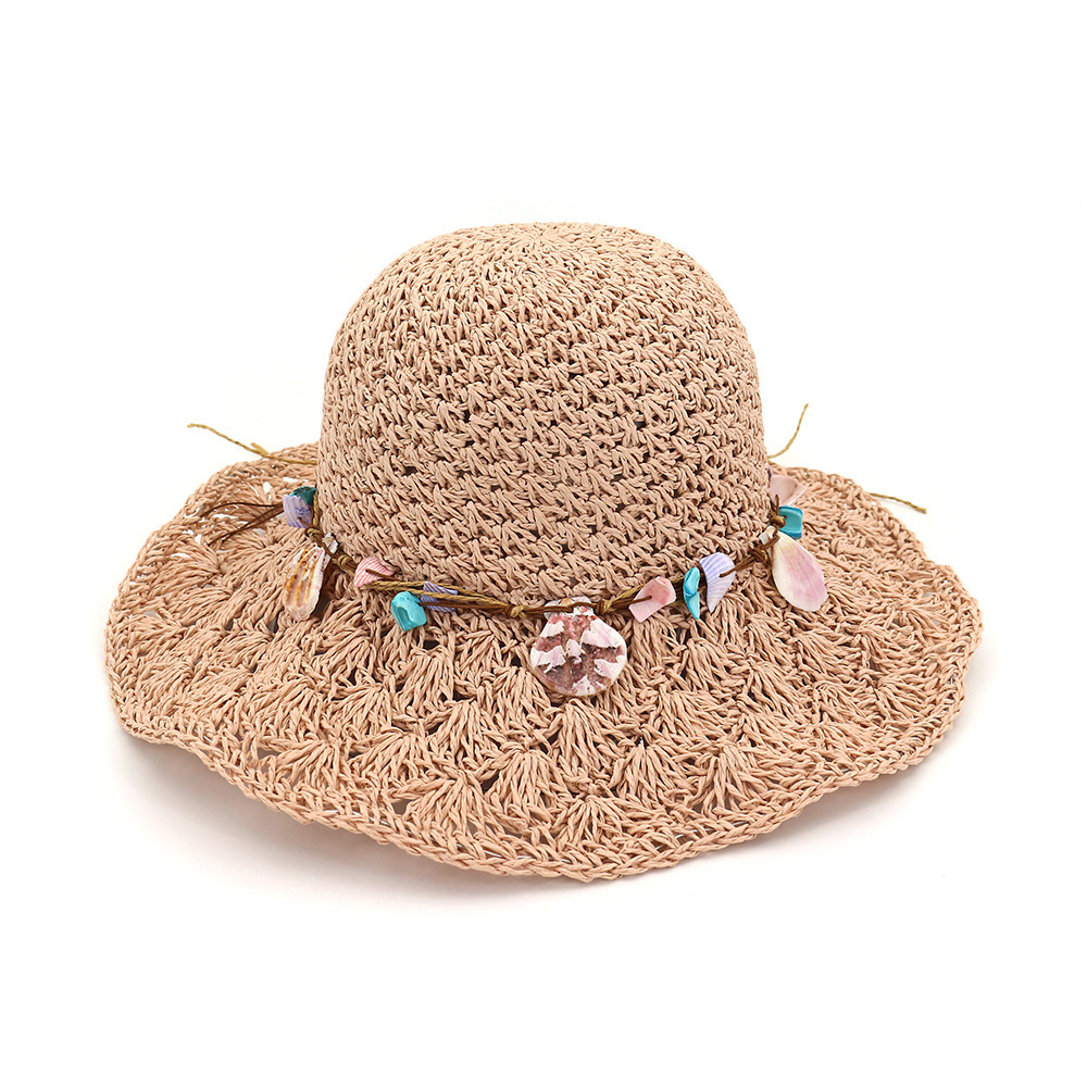 

Summer New Hand Crochet Straw Hat Women's Sun Hat Folding Outdoor Sun Visor Shell Chain Beach Travel Holiday Female Sunhat, Khaki