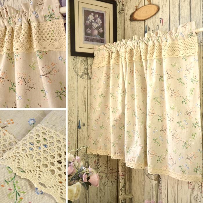 

rustic American style cotton and linen short kitchen with lace plant print curtain decorative cabinet curtain half, With rod pocket