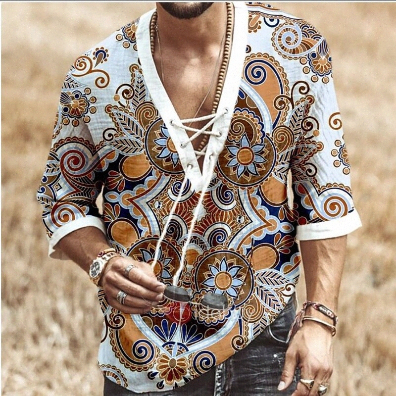 Chemise pour hommes Collier debout Floral Casual Durée du cordon Durée Demi-manches Haut de la manche Casual Fashion Respirant Confortable Bleu B