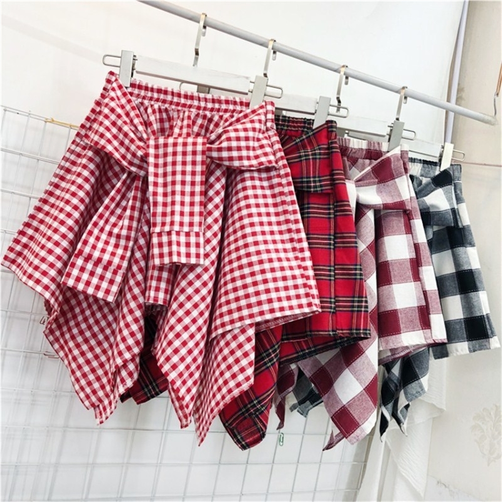 

WKOUD Women's Plaid Printed Skirts Irregular Summer Shirts Skirts Elastic Waist College Style Mini Skirt Jupe Femme DK6054 LJ200820, Black