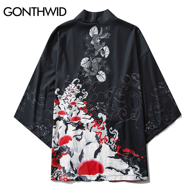 

Carp Koi Fish Flowers Print Mens Japanese Kimono Cardigan Shirts Jackets Hip Hop Casual Open Front Coat Streetwear Tops, 201313b