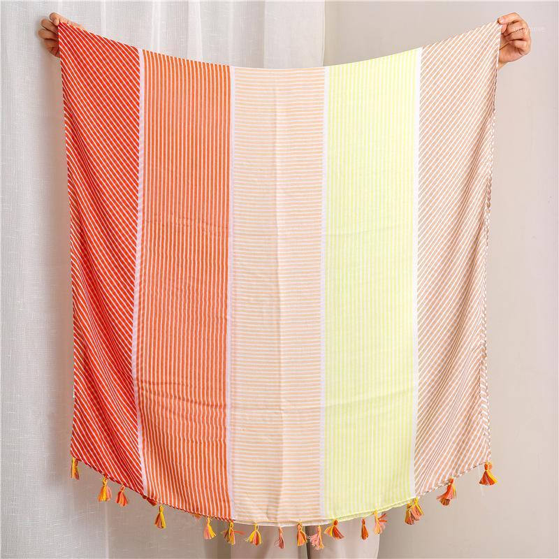 

Plaid Hijab Women Fashion Rainbow Color Cotton Tassels Decorative Elegant Beach Outing Sunscreen Shawl Handkerchief1