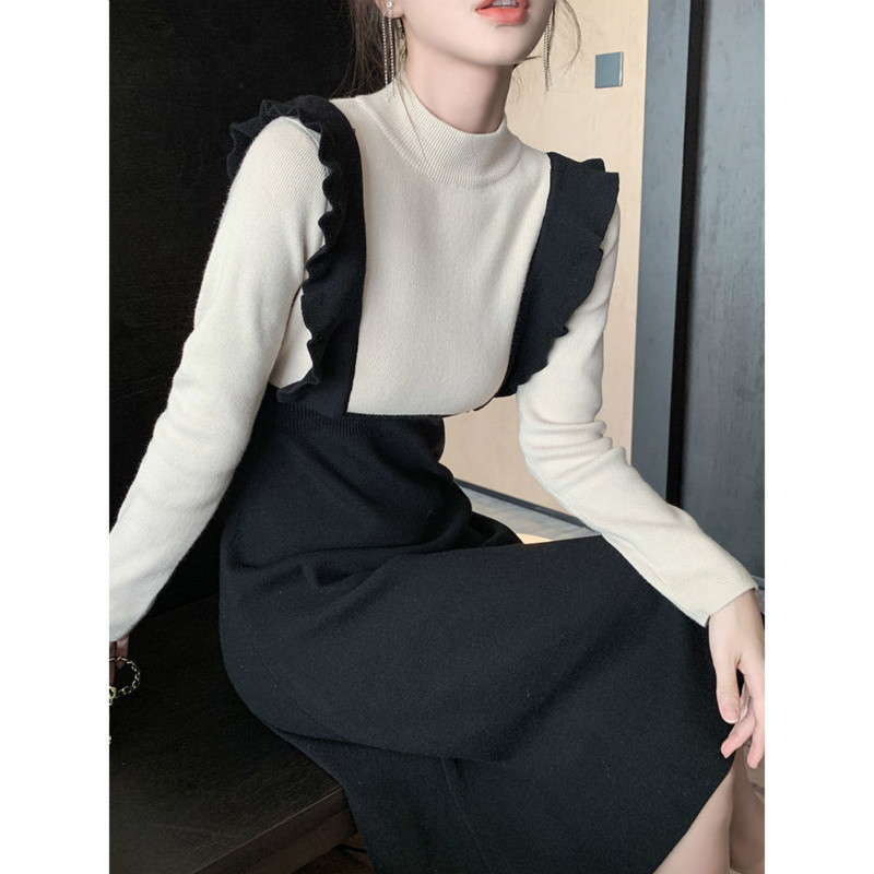 

New spring 2021 thin dressed in knitted or crocheted two pieces black slivers white sleeve long women's dresses y239 HB4H, Heise