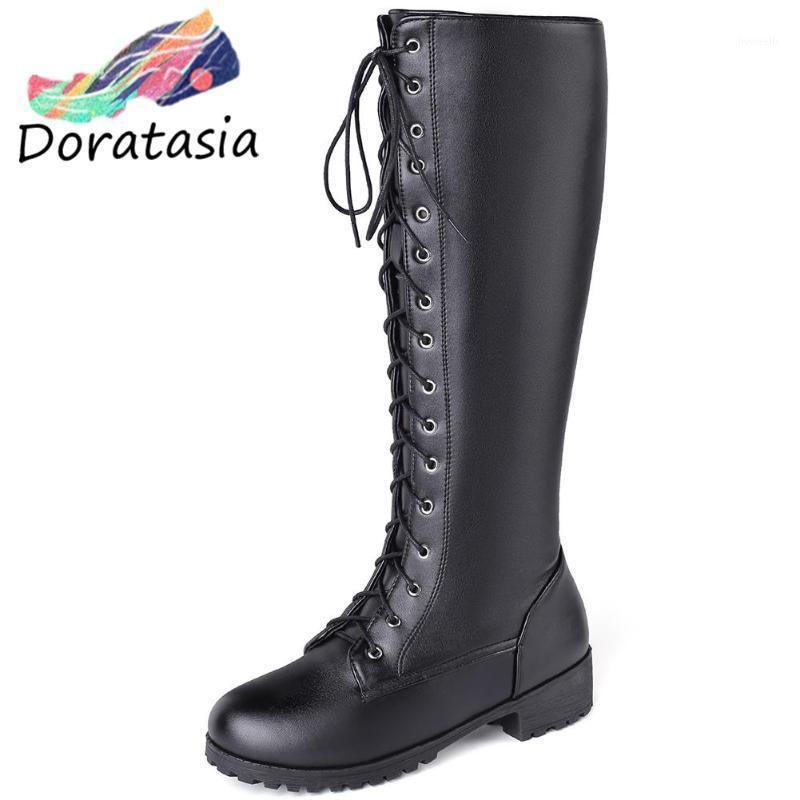 

DORATASIA Women Winter Solid Deisgner Casual Shoes Platform Boots Women Fashion Round Toe Lace Up Mid Calf Boots1, Beige