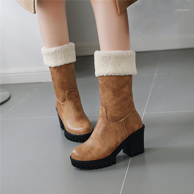 

YMECHIC Plus Size Block High Heel Mid Long Platform Boots Lambswool Design Black Yellow Goth Punk Shoes Winter Biker Boots 20201