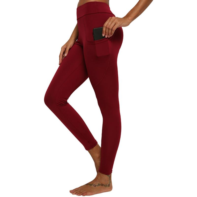 

Phone Pockets Leggings Sport Women Fitness Gym Yoga Pants High Waist Slim Plain Solid Topstitching Elastic Mujer Workout Leggins, Black