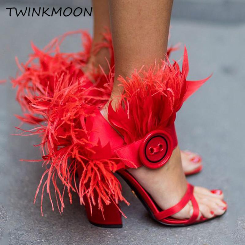 

Red Fur Sandals Women Satin Ostrich Feather Shoes Ankle Buckle Button Block High Heels Party Runway Summer Sandals Zapatos Mujer, Black