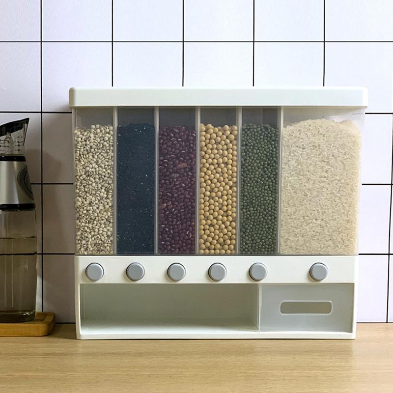 

Big deal 10KG Wall Mounted Divided Rice and Cereal Dispenser 6 Moisture Proof Plastic Automatic Racks Sealed Storage Box