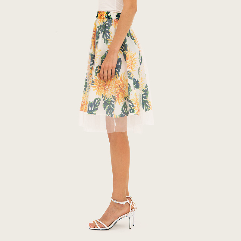 

Spring Summer Foral Mesh High Waist Midi Elegant Female Skirts 044s, White