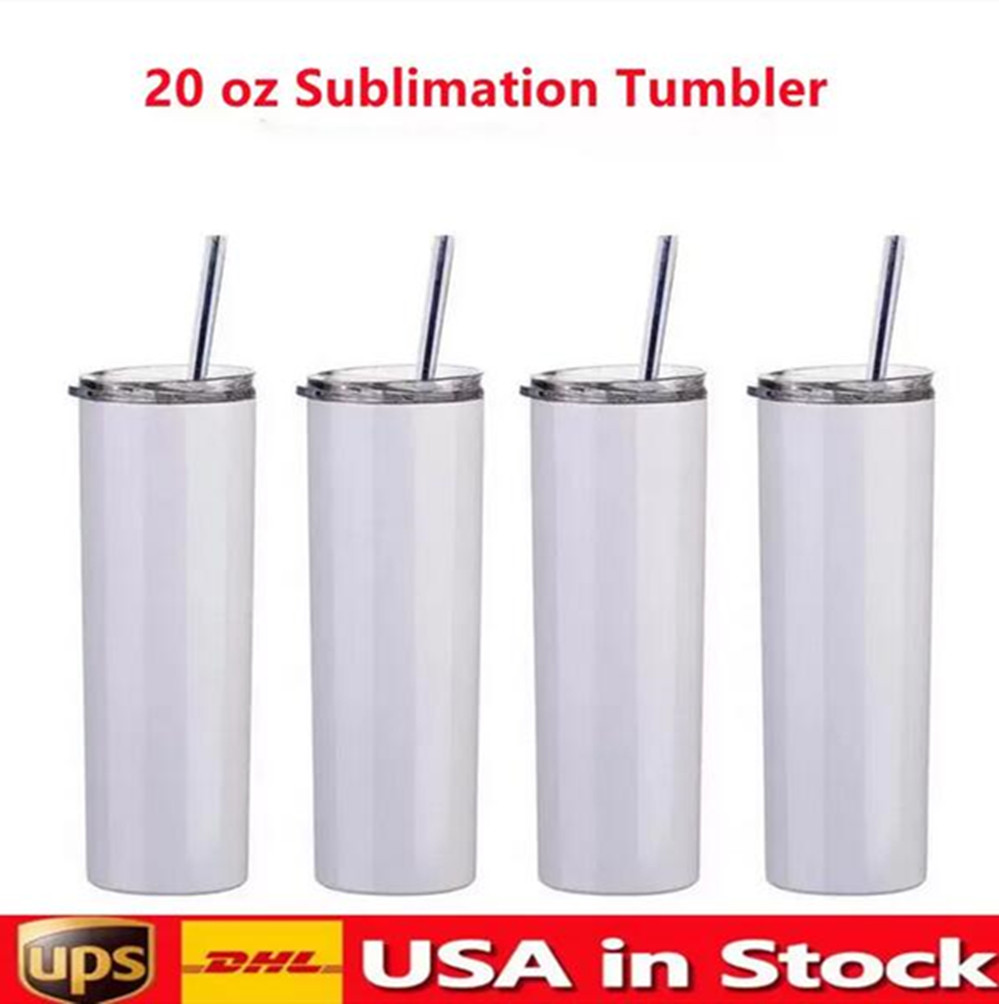 

USA Local warehouse Sublimation 20oz Straight Tumbler blank white Stainless steel coffee cup with lid Plastic straw Double insulated vacuum water Bottles