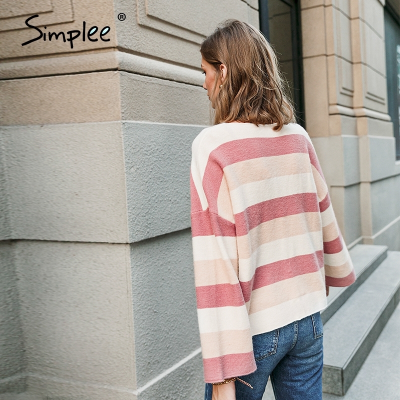 

Simplee Striped high collar women Pullover Autumn winter casual women's sweater High street fashion women's knitting top 201203, Pink