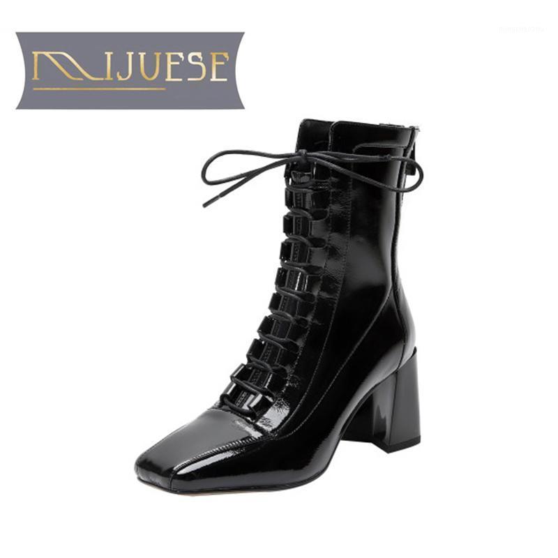 

MLJUESE 2021 women ankle boots Patent leather Back zipper winter short plush square toe high heels female boots size 401, Black