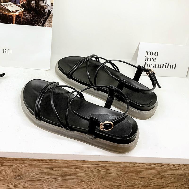 

Black Shoes Girls Summer Flat Sandals Open Toe Thick Sole Rubber Sole Non-slip Roman Sandals Women Strap Gladiator Shoes Ladies1