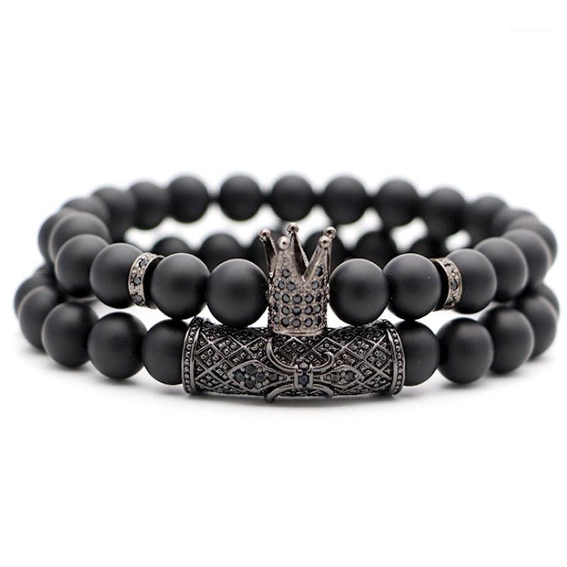 

2PCS/set Bracelet Men Accessories Matte Stone Beads Erkek Bileklik Set Crown Jewelry Mens Bracelets For Women Pulseras Mujer1