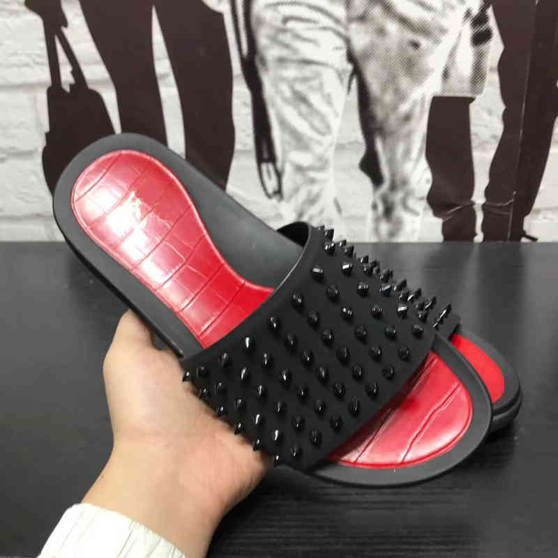 Mens Arrival Fashion Causal Designer Sandals red bottom slipper Studs Leather Flops Shower Room flops Beach Fun Flat40-45