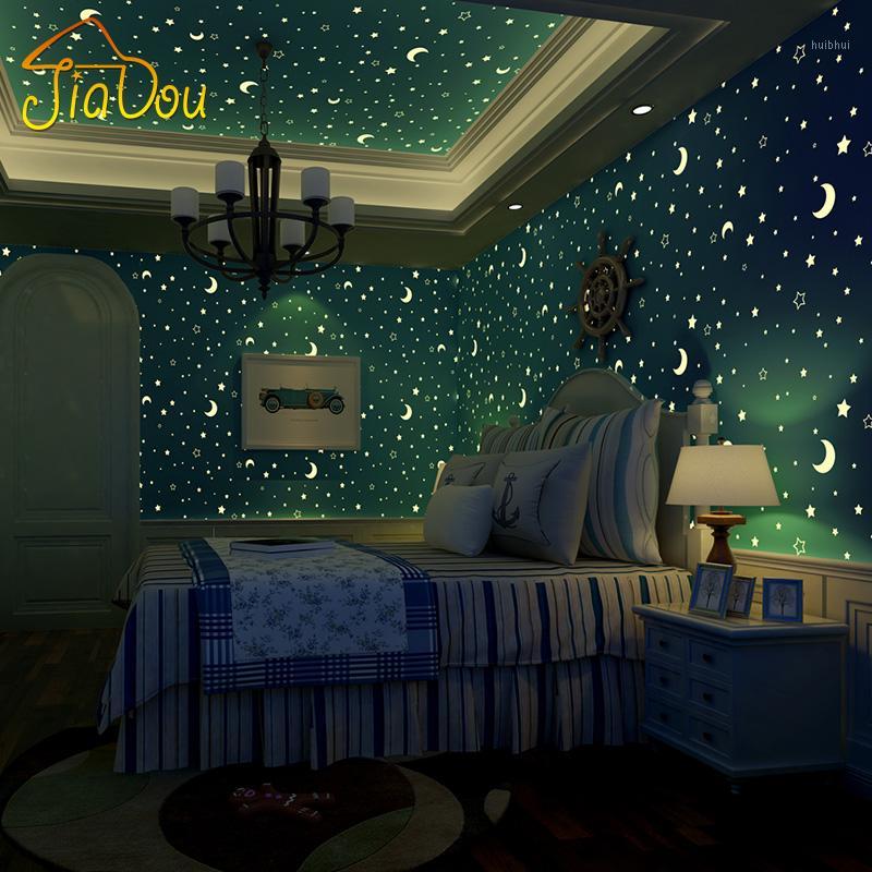 

Wholesale- Non-woven Luminous Wallpaper Roll Stars And The Moon Boys And Girls Children's Room Bedroom Ceiling Fluorescent Wallpaper Decor1, Light blue