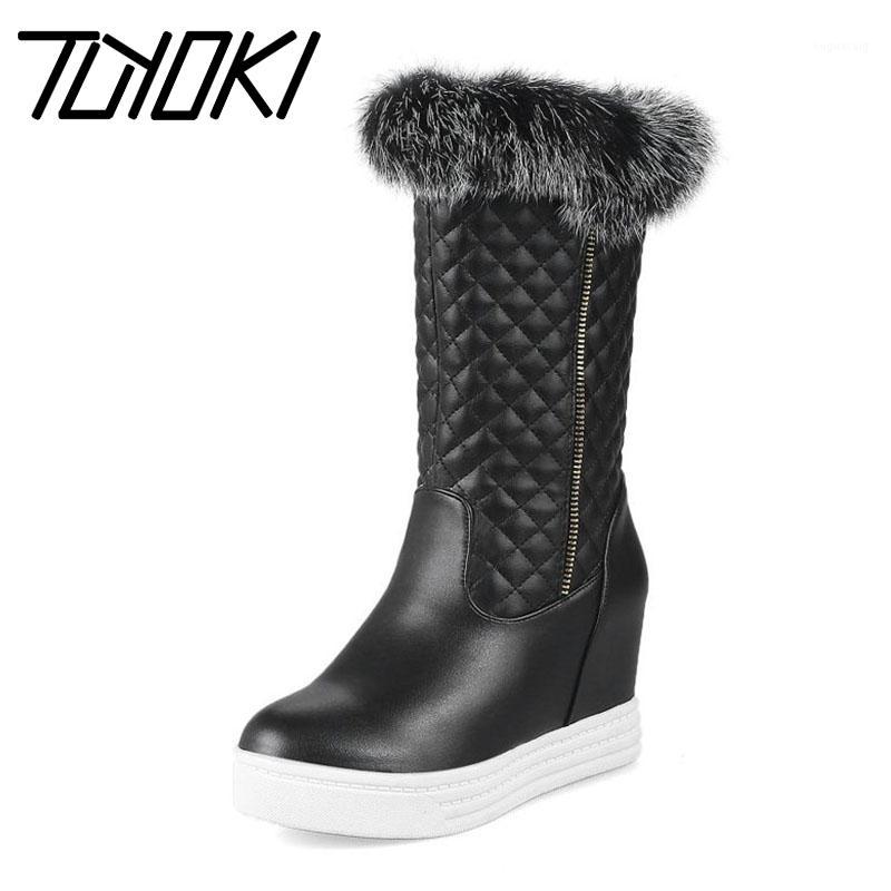 

Tuyoki 4 Colors Thick Bottom Winter Warm Mid Calf Boots Fur Wedges Outdoor Casual Shoes Woman Daily Long Boots Size 34-441, Red