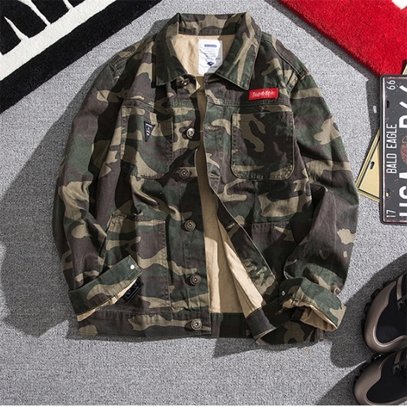 

Denim jacket autumn winter American tooling jacket Korean streetwear brand loose camo teenagers cowboy baseball coat men 201118, Army green
