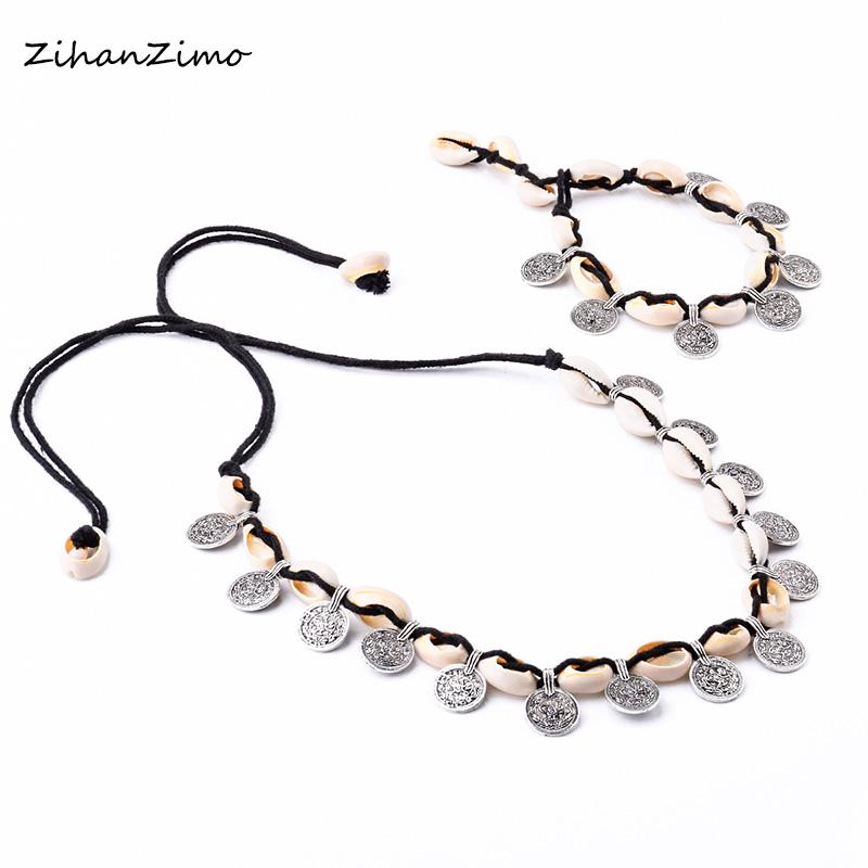 

Bohemian shell necklace bracelet retro exaggerated coin pendant tassel necklace hand and foot chain summer beach jewelry Accesso