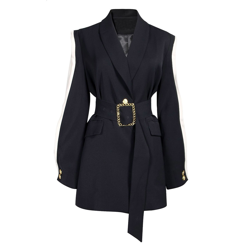 

2021 New Women Fashion Blazer Appliques Belt Button Pocket Notched Lapel Block Coat Office Lady Trench Autumn Slim Tailored 01PX, Black