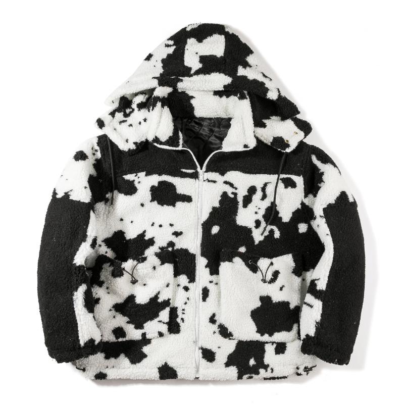 

LACIBLE Hip Hop Warm Parka Jackets Men Women Streetwear Retro Cow Patchwork Jacket Coats Winter Harajuku Hooded Jacket Outwear, Black