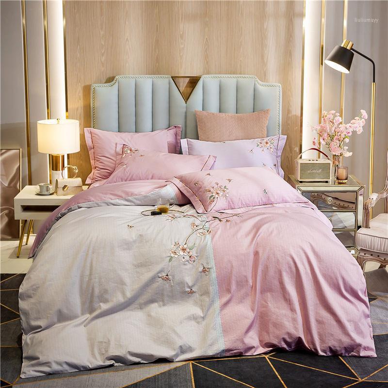 

100% cotton Bedding sets Queen King size Bed Duvet cover Bed sheets linen set flowers embroidery set1