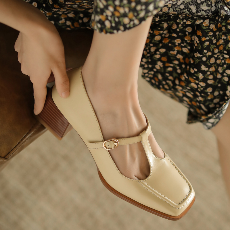 

2020 of High Quality Genuine Leather Mary Jane Feminine Finger Foot Pumps Spring Buckle Sole Shoes Ladies 9urj, Beige