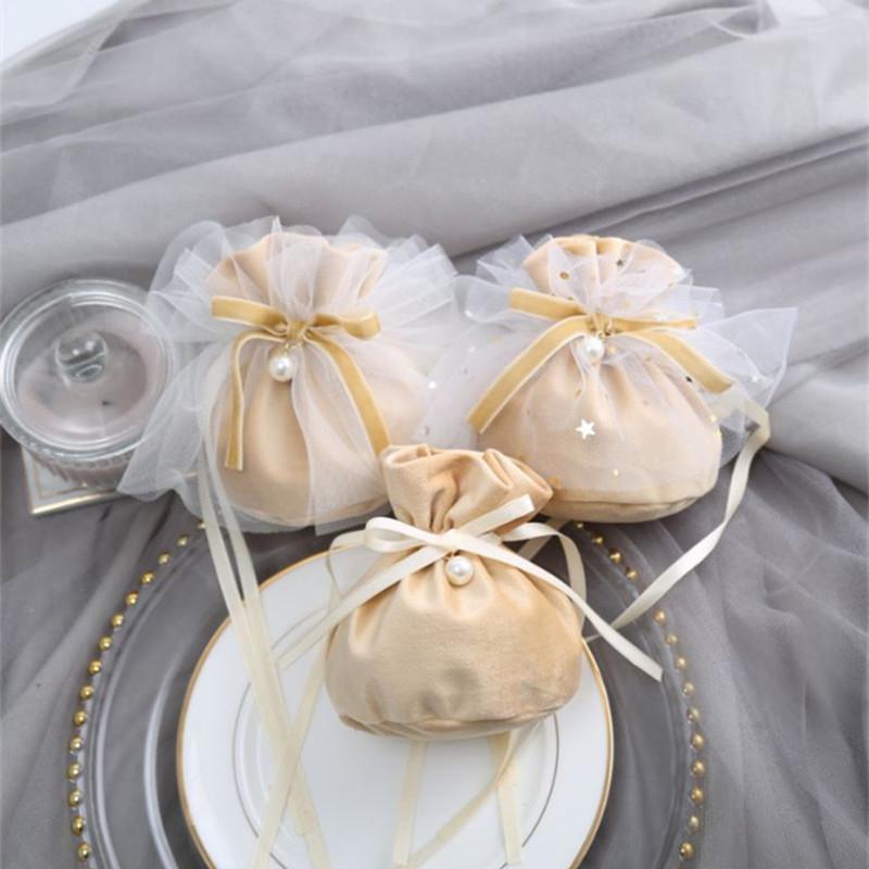 

5pcs High Quality Champagne Velvet Bags Star Yarn Bow Gift Packing Bag Party Favors Wedding Decor Candy Jewelry Storage Bags