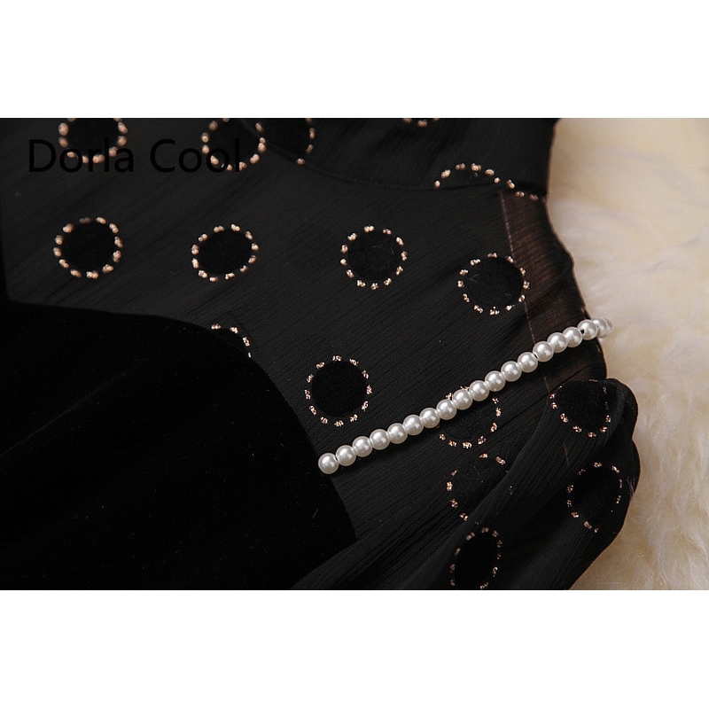 

New Woman in Velvet Chiffon Shreds Two Elegant Dresses Lady Luxury Stitches Flashlight Collar Sleeves Dress Uk73, Black