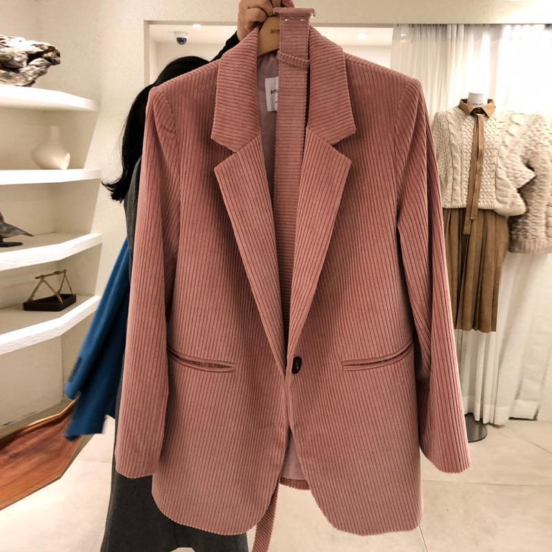 

EWQ] Autumn Winter Female Turn-down Collar Long-sleeved Blazer Coat Single Buttoon Loose Corduroy Minimalist Suit Top 8Q1911, Brown