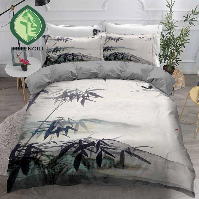 

HELENGILI 3D Bedding Set Chinese Ink Painting Print Duvet Cover Set Bedclothes with Pillowcase Bed Home Textiles #ZGSH011, As pic