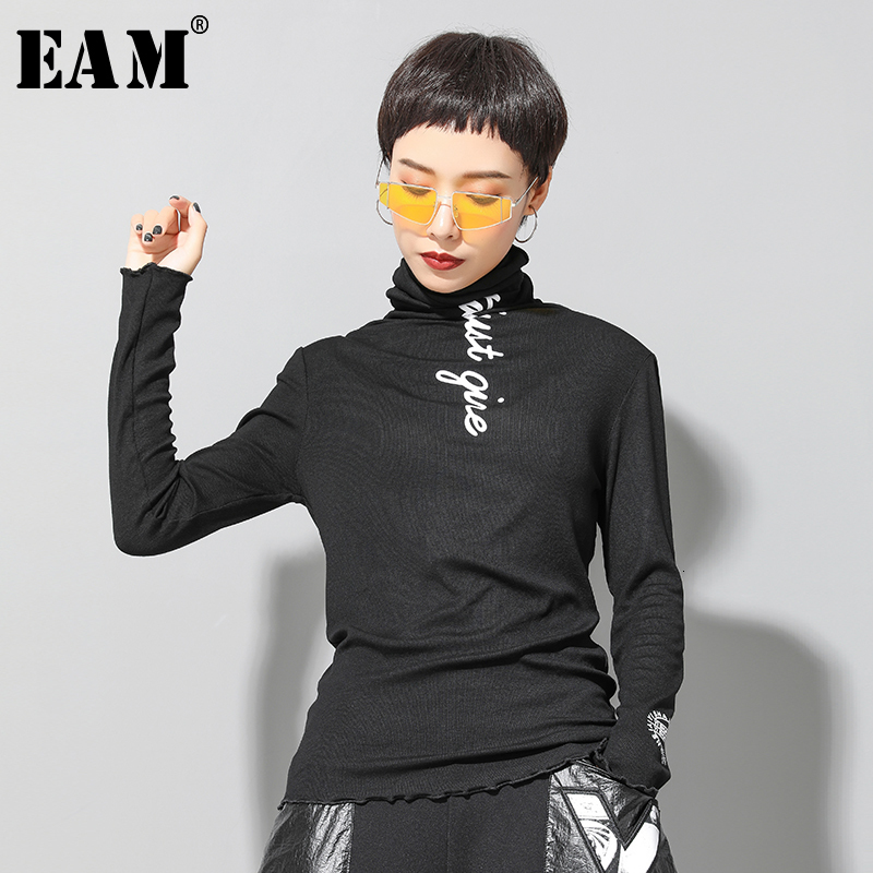 

[EAM] Women Letter Printed Brief Temperament T-shirt New High Collar Long Sleeve Fashion Tide Spring Autumn 1H109 201125, Black